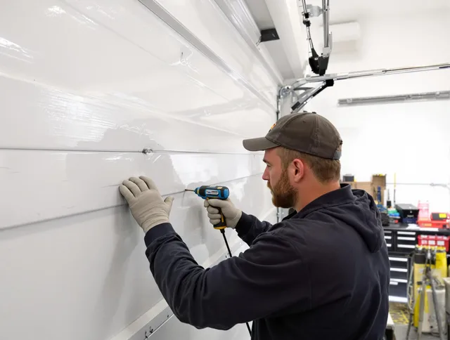 Yorba Linda Garage Door Repair technician demonstrating precision dent removal techniques on a Yorba Linda garage door